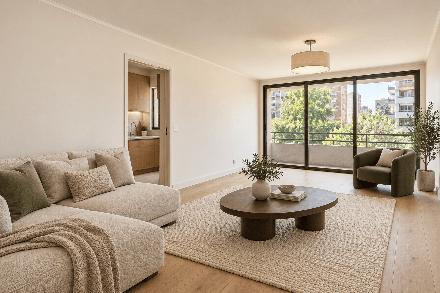Proyección digital: living renovado con piso claro y mobiliario contemporáneo.